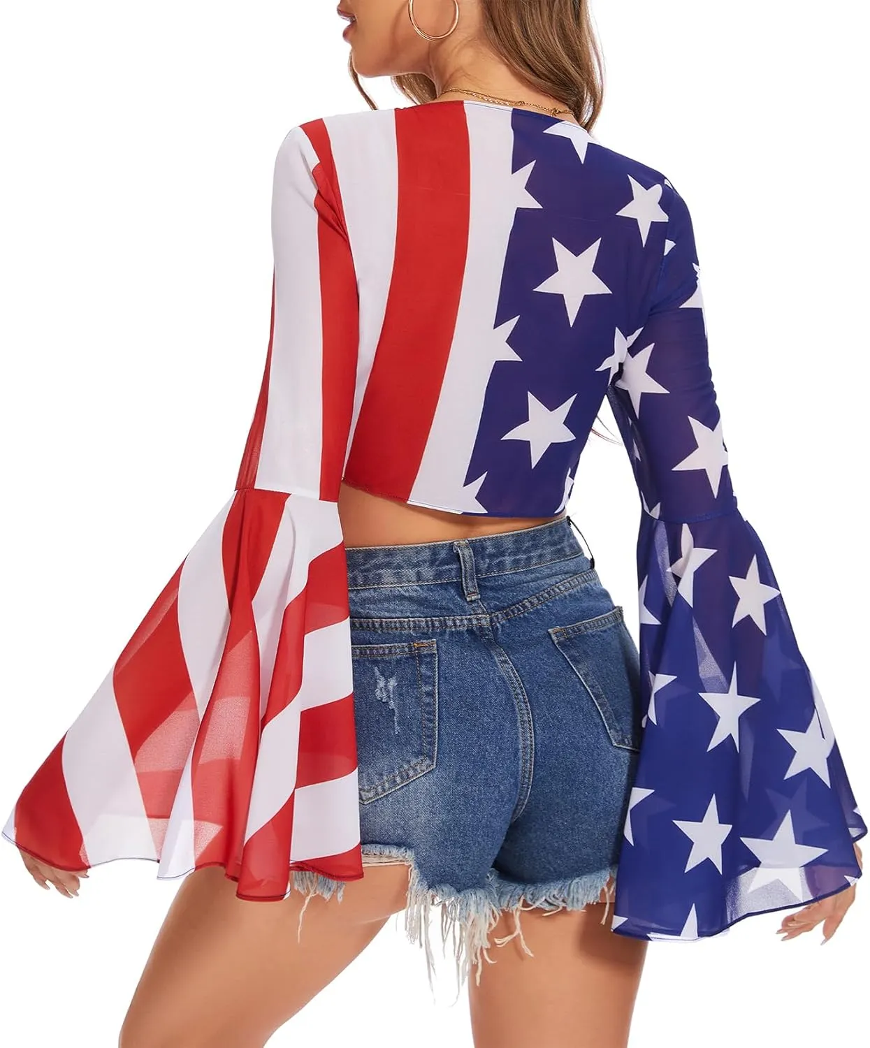 Mesh Tops for Women Bell Sleeve Rave Outfits Tie Front Crop Top Long Sleeve Shirt Sheer Blouse Festival