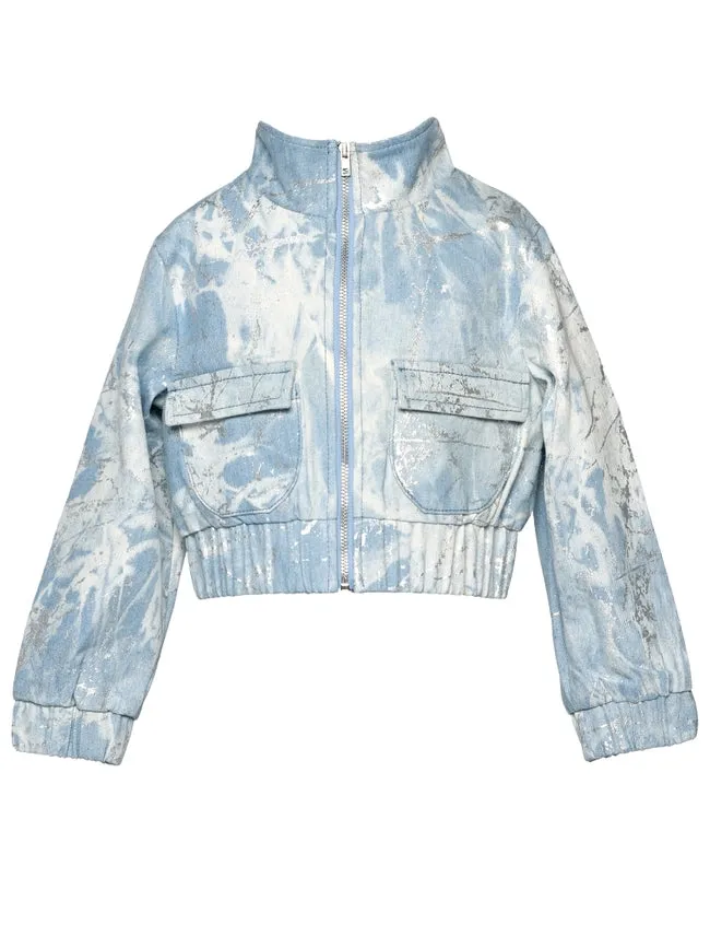 Metallic Print Denim Bomber Jacket with Sequin Star Back