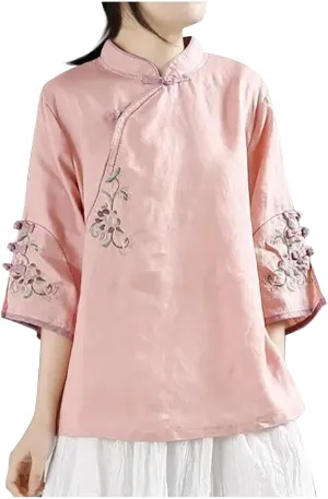 Mzkdieey Women's Cotton Linen Floral Embroidered Tops Retro Chinese Style Blouse Traditional Mandarin Collar 3/4 Sleeve Shirt