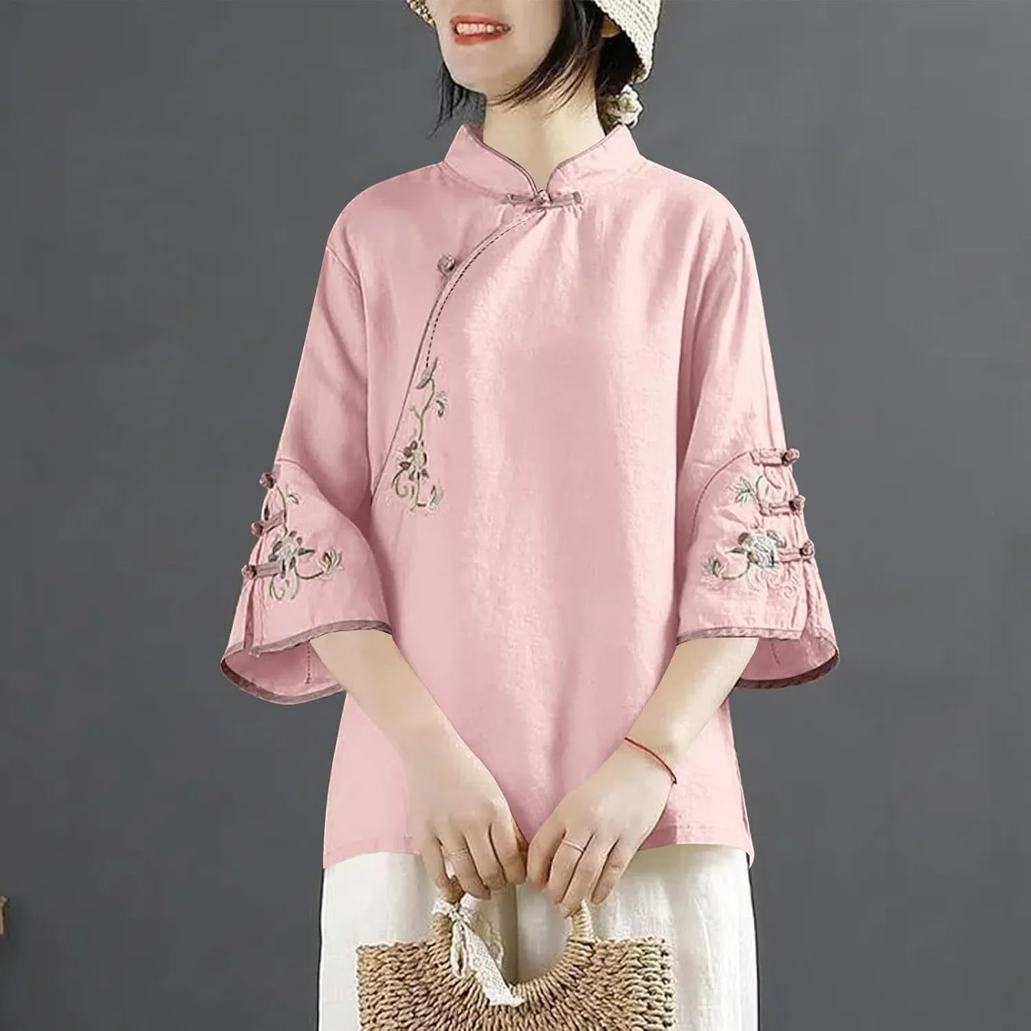 Mzkdieey Women's Cotton Linen Floral Embroidered Tops Retro Chinese Style Blouse Traditional Mandarin Collar 3/4 Sleeve Shirt