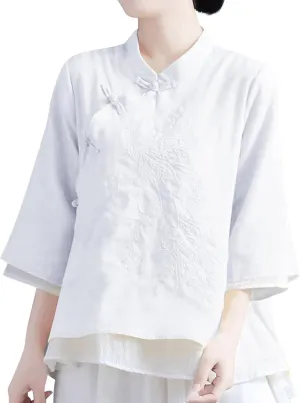 Mzkdieey Women's Cotton Linen Retro Chinese Frog Button Blouse Mandarin Collar 19th Century School Girl Qipao Shirts Tops