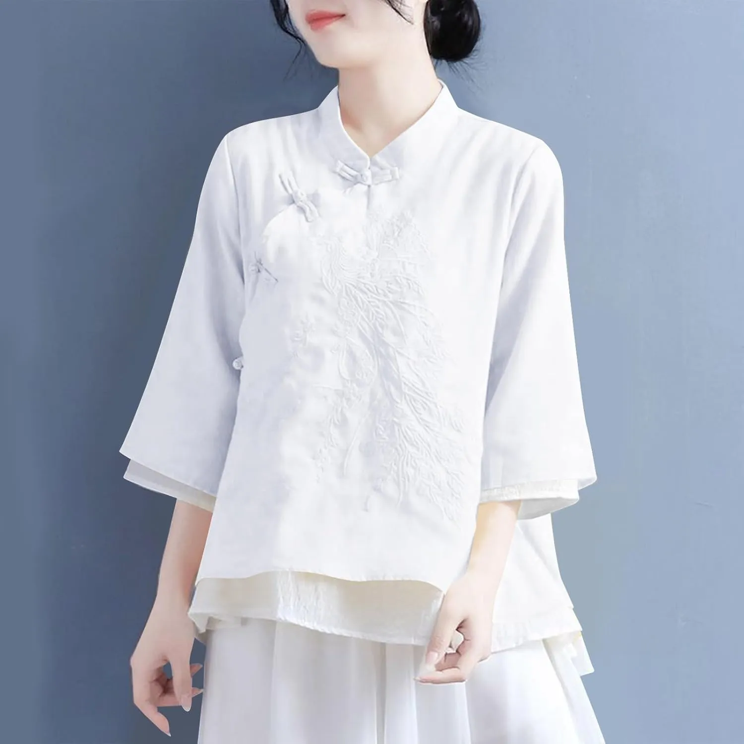 Mzkdieey Women's Cotton Linen Retro Chinese Frog Button Blouse Mandarin Collar 19th Century School Girl Qipao Shirts Tops