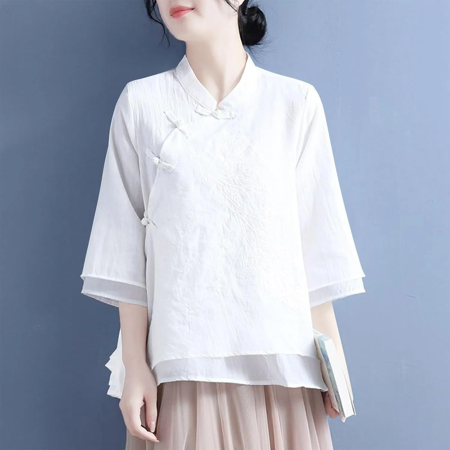 Mzkdieey Women's Cotton Linen Retro Chinese Frog Button Blouse Mandarin Collar 19th Century School Girl Qipao Shirts Tops