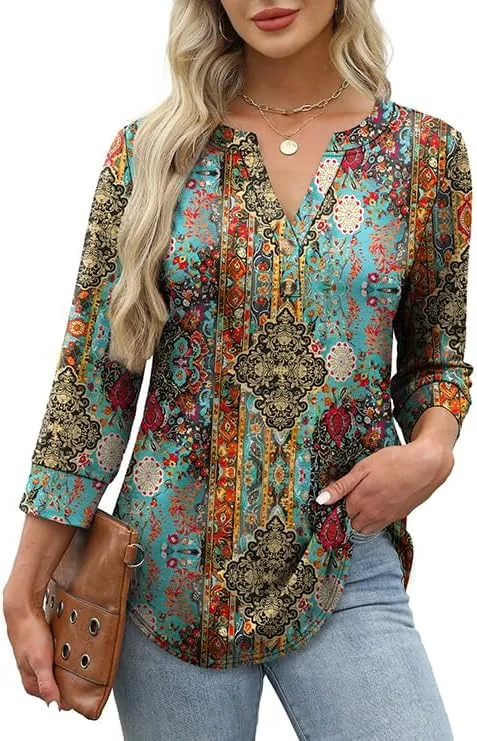 OFEEFAN Womens Tops 3/4 Sleeve Heley Shirts for Women Summer Fashion 2025 Blouses Beach Vacation Clothes