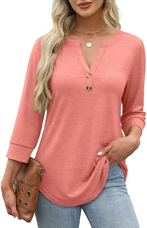 OFEEFAN Womens Tops 3/4 Sleeve Heley Shirts for Women Summer Fashion 2025 Blouses Beach Vacation Clothes