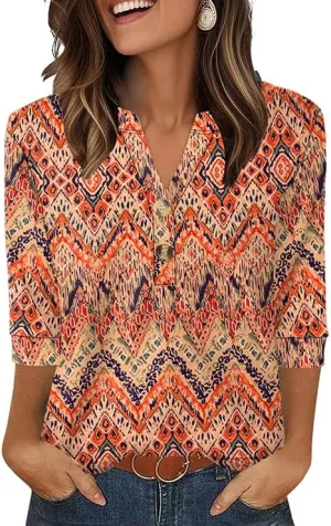 OFEEFAN Womens Tops 3/4 Sleeve Heley Shirts for Women Summer Fashion 2025 Blouses Beach Vacation Clothes