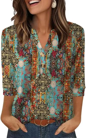 OFEEFAN Womens Tops 3/4 Sleeve Heley Shirts for Women Summer Fashion 2025 Blouses Beach Vacation Clothes
