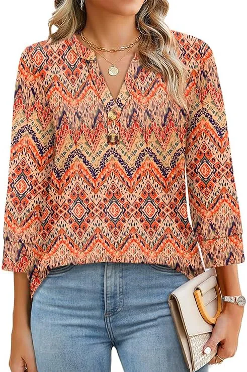 OFEEFAN Womens Tops 3/4 Sleeve Heley Shirts for Women Summer Fashion 2025 Blouses Beach Vacation Clothes