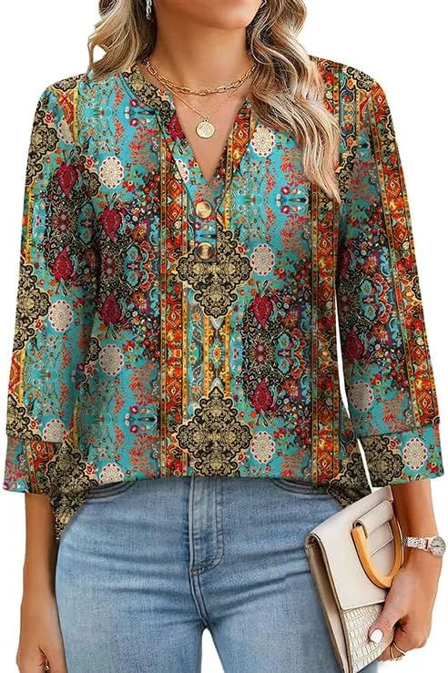 OFEEFAN Womens Tops 3/4 Sleeve Heley Shirts for Women Summer Fashion 2025 Blouses Beach Vacation Clothes