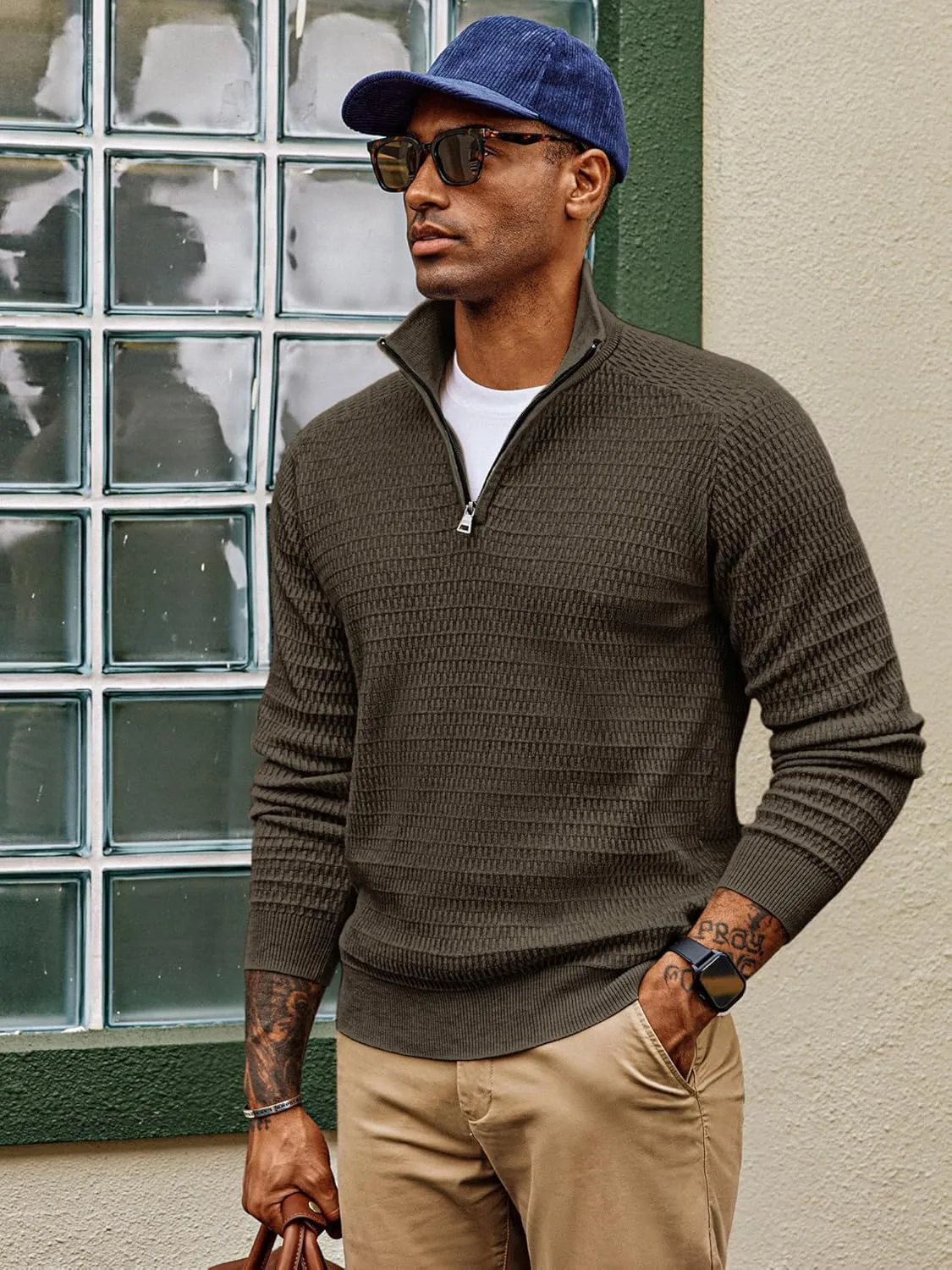 PJ PAUL JONES Men's Quarter Zip Sweaters Slim Fit Long Sleeve Casual Pullover Sweater Knit Textured Mock Neck Polo Sweaters