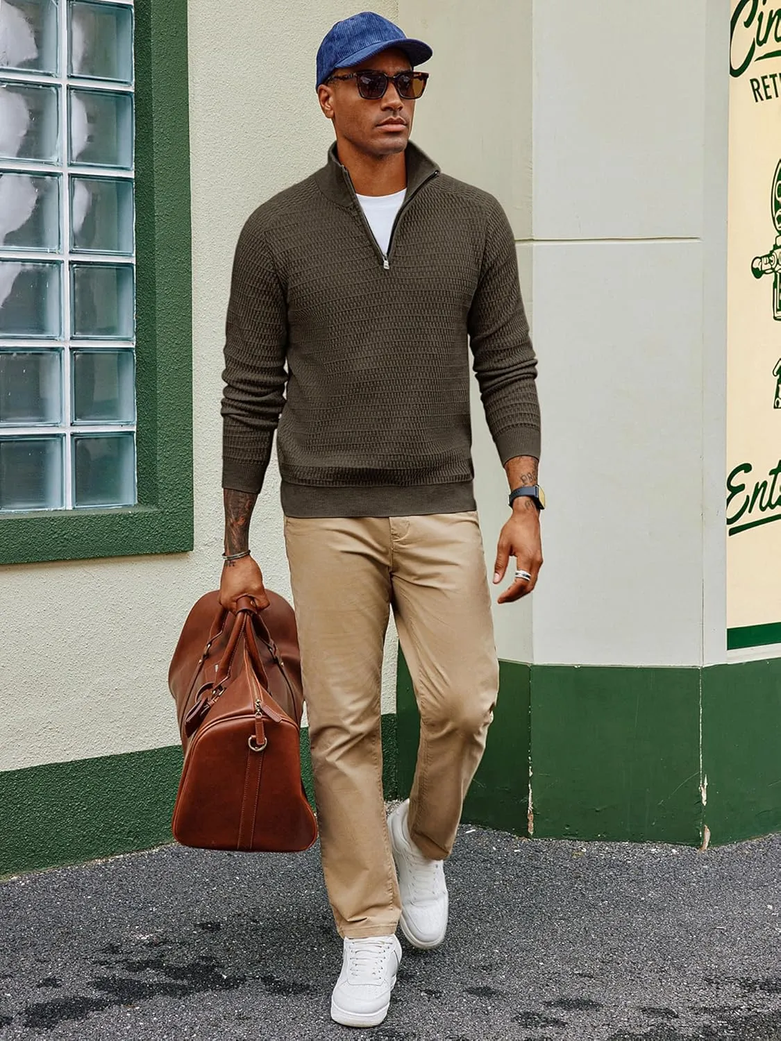 PJ PAUL JONES Men's Quarter Zip Sweaters Slim Fit Long Sleeve Casual Pullover Sweater Knit Textured Mock Neck Polo Sweaters