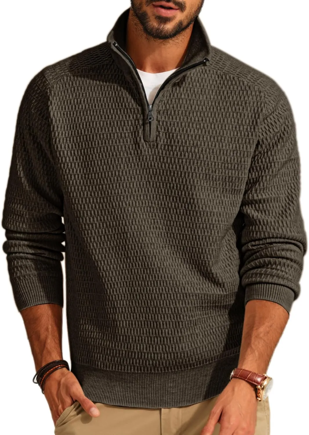 PJ PAUL JONES Men's Quarter Zip Sweaters Slim Fit Long Sleeve Casual Pullover Sweater Knit Textured Mock Neck Polo Sweaters