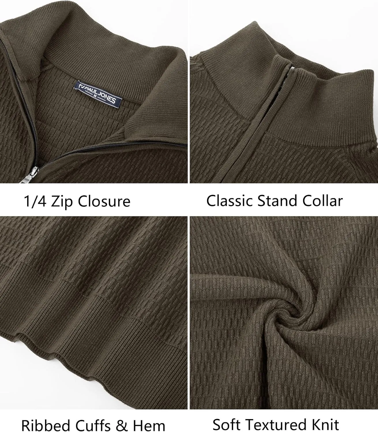 PJ PAUL JONES Men's Quarter Zip Sweaters Slim Fit Long Sleeve Casual Pullover Sweater Knit Textured Mock Neck Polo Sweaters