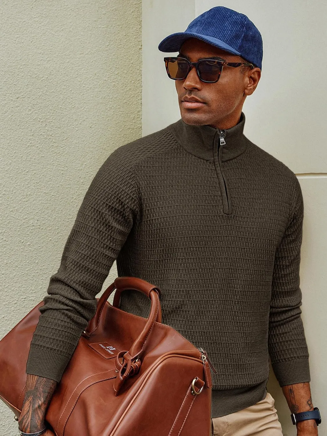 PJ PAUL JONES Men's Quarter Zip Sweaters Slim Fit Long Sleeve Casual Pullover Sweater Knit Textured Mock Neck Polo Sweaters