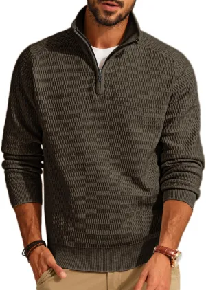 PJ PAUL JONES Men's Quarter Zip Sweaters Slim Fit Long Sleeve Casual Pullover Sweater Knit Textured Mock Neck Polo Sweaters