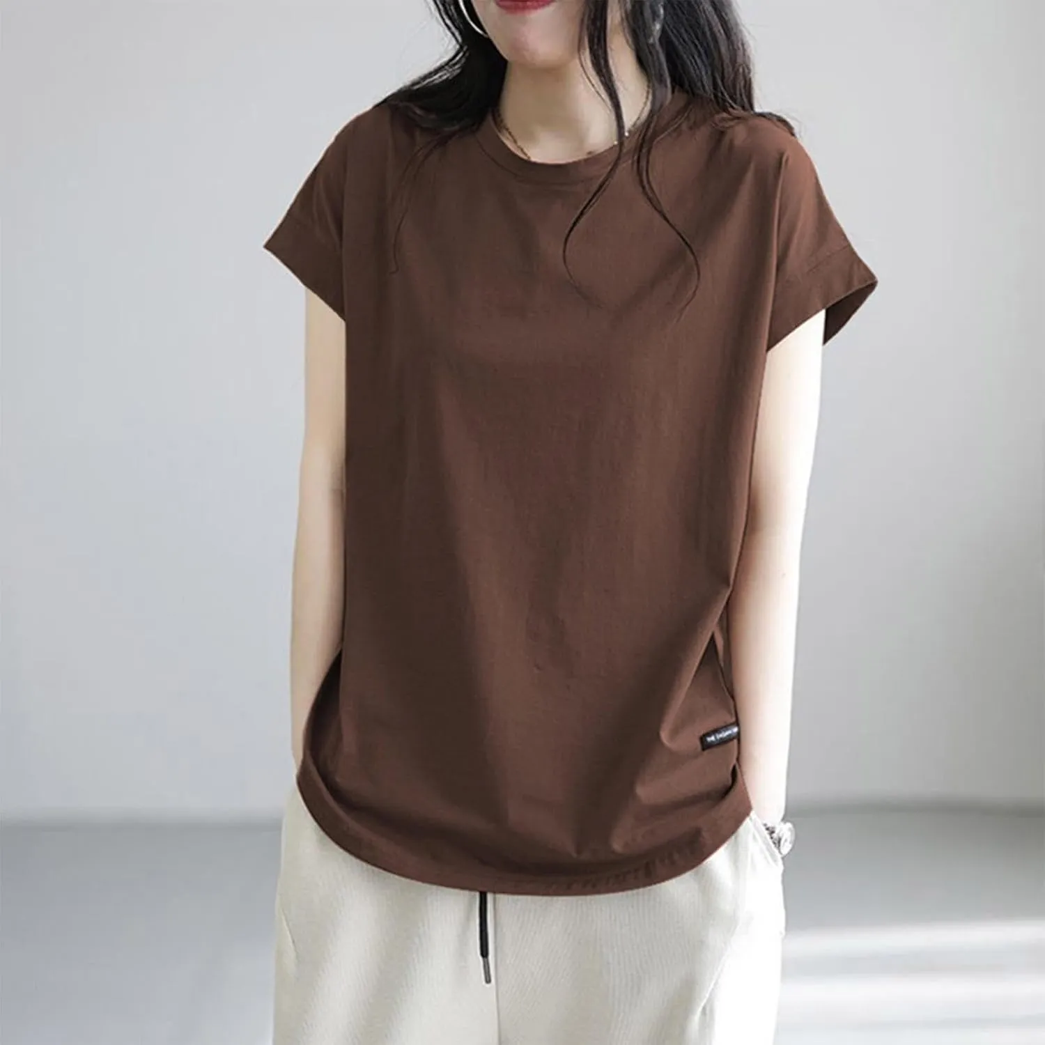 Plus Size Womens Clothing Cap Sleeves Crewneck Back Hollow Out Solid Color T-Shirts Loose Casual Summer Going Out Tees