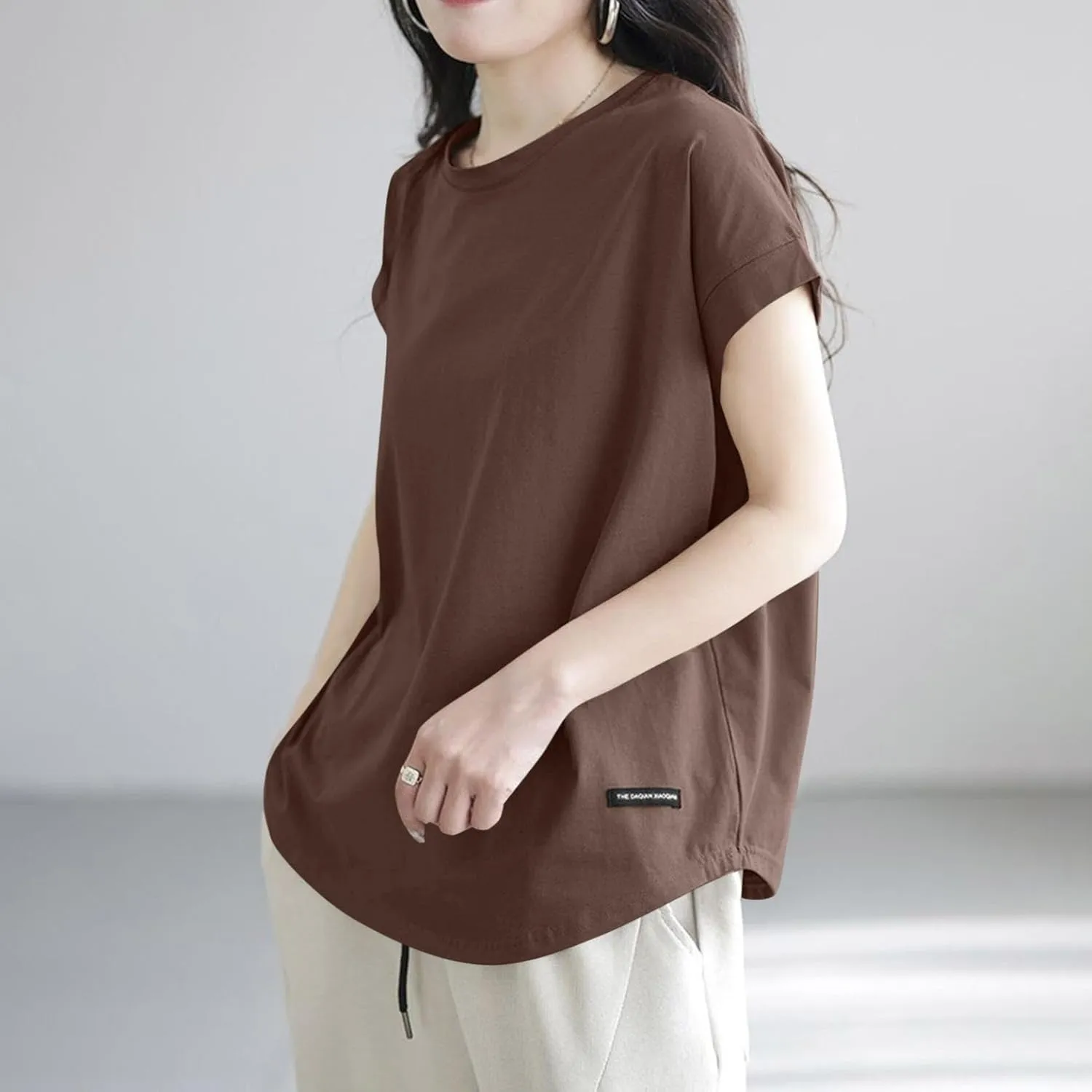 Plus Size Womens Clothing Cap Sleeves Crewneck Back Hollow Out Solid Color T-Shirts Loose Casual Summer Going Out Tees