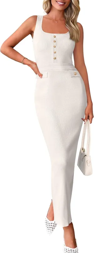 PRETTYGARDEN Women's 2025 Summer Bodycon Maxi Dresses Sleeveless Buttons Knit Spring Elegant Wedding Guest Cocktail Dress