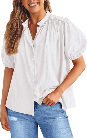 PRETTYGARDEN Women's 2025 Summer Tops Button Down Shirts Short Lantern Sleeve V Neck Cotton Cute Dressy Casual Blouses