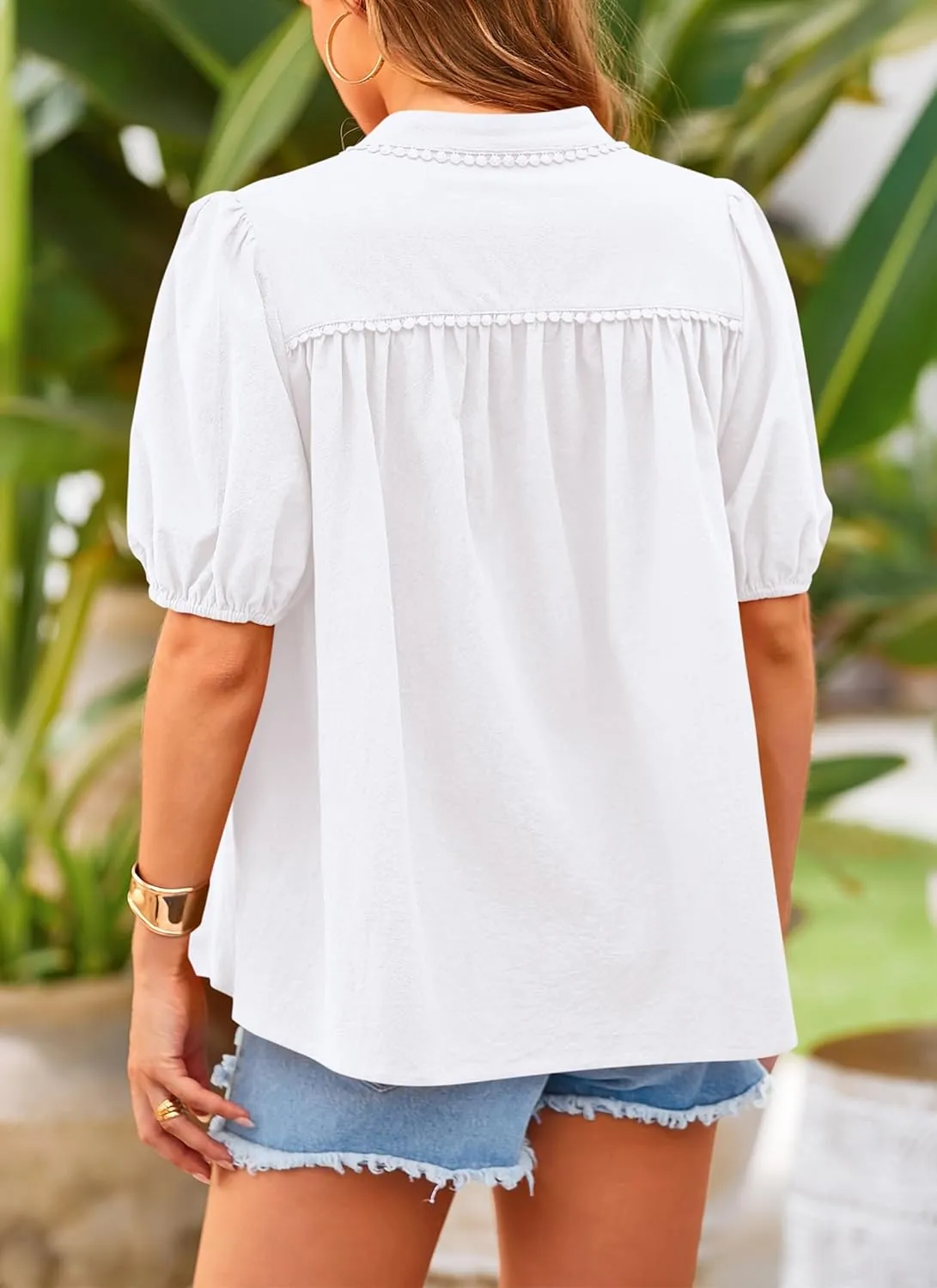 PRETTYGARDEN Women's 2025 Summer Tops Button Down Shirts Short Lantern Sleeve V Neck Cotton Cute Dressy Casual Blouses