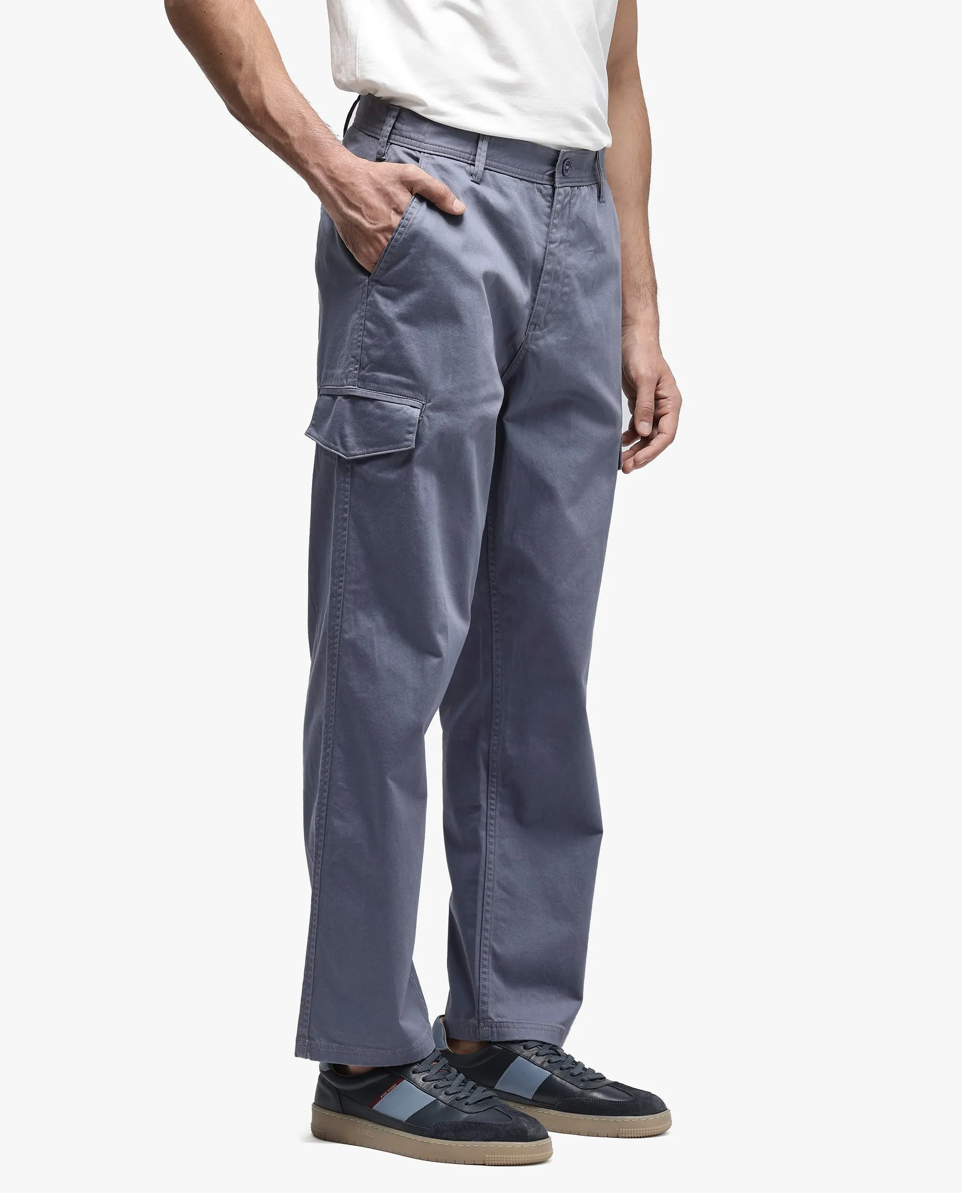 Rare Rabbit Men's Zipo Dusky Blue Cotton Fabric Mid Rise Regular Fit Solid Cargo Trouser