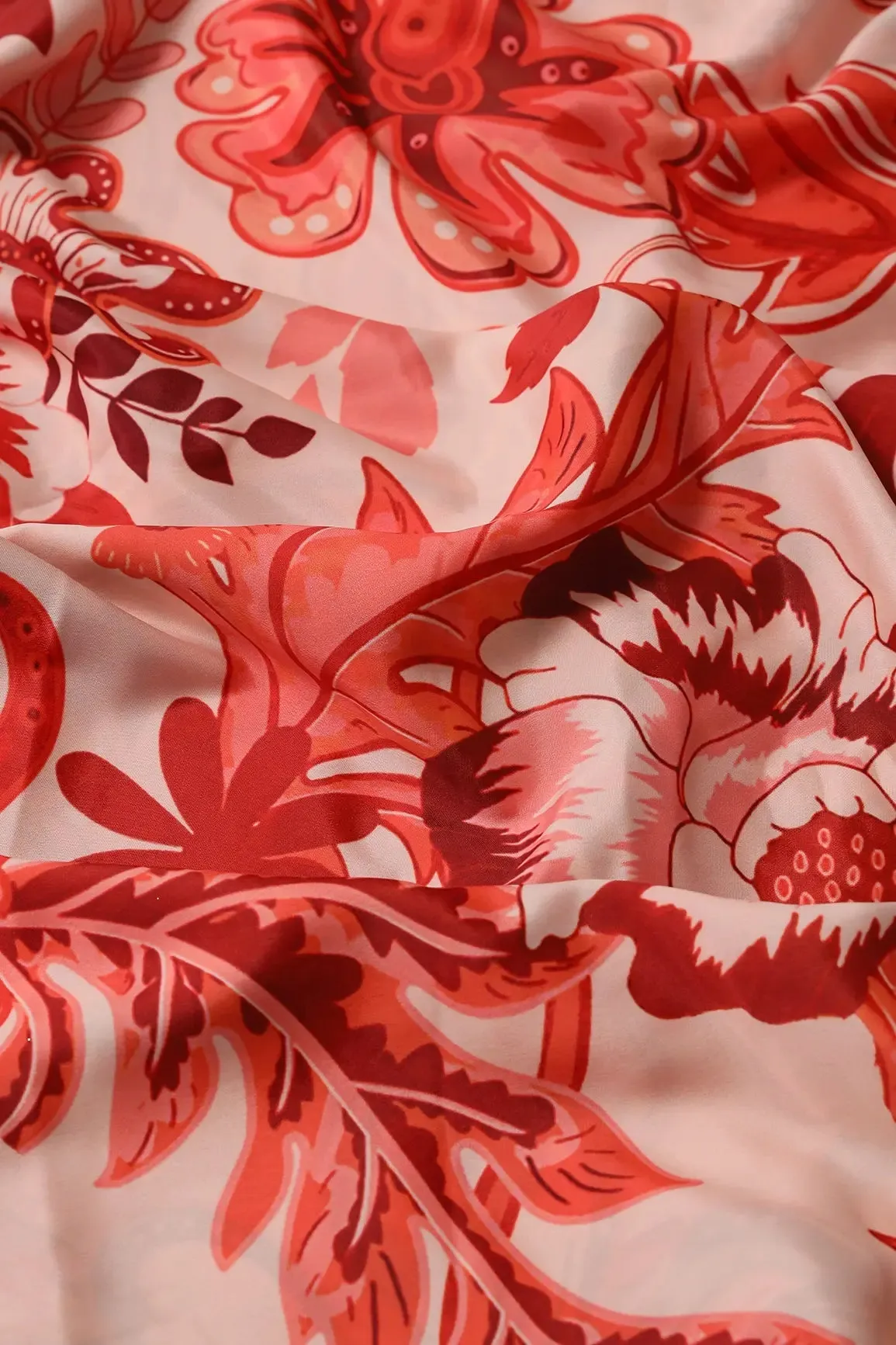 Rust Orange And Cream Floral Pattern Digital Print On French Crepe Fabric