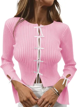 Saodimallsu Womens Cropped Sweater Bow Crew Neck Fitted Long Sleeve Y2k Ribbed Pullover Tops