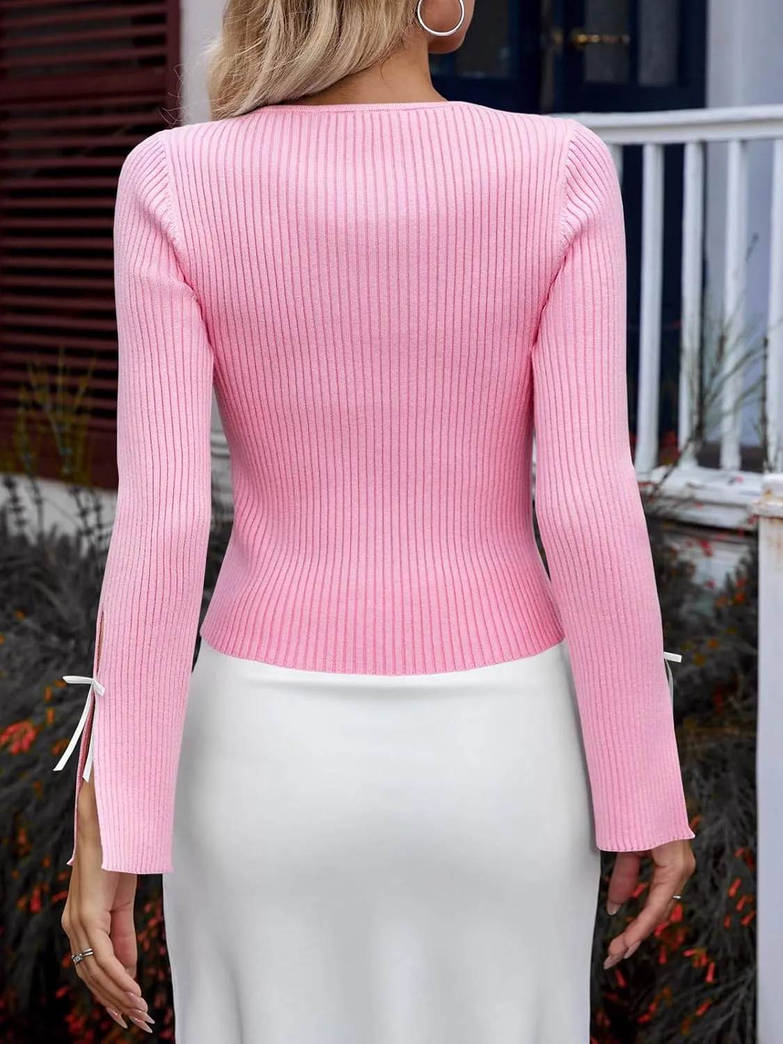 Saodimallsu Womens Cropped Sweater Bow Crew Neck Fitted Long Sleeve Y2k Ribbed Pullover Tops