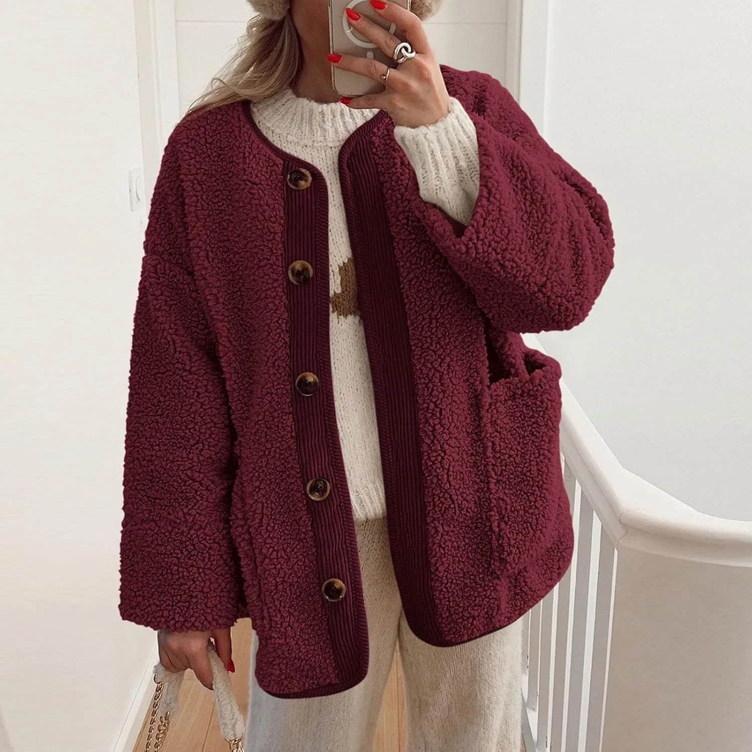 Sherpa Jacket Women Fuzzy Open Front Button Up Cardigans Oversized Fleece Jacket Warm Winter Coats with Pocket Outwear