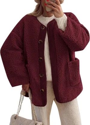 Sherpa Jacket Women Fuzzy Open Front Button Up Cardigans Oversized Fleece Jacket Warm Winter Coats with Pocket Outwear