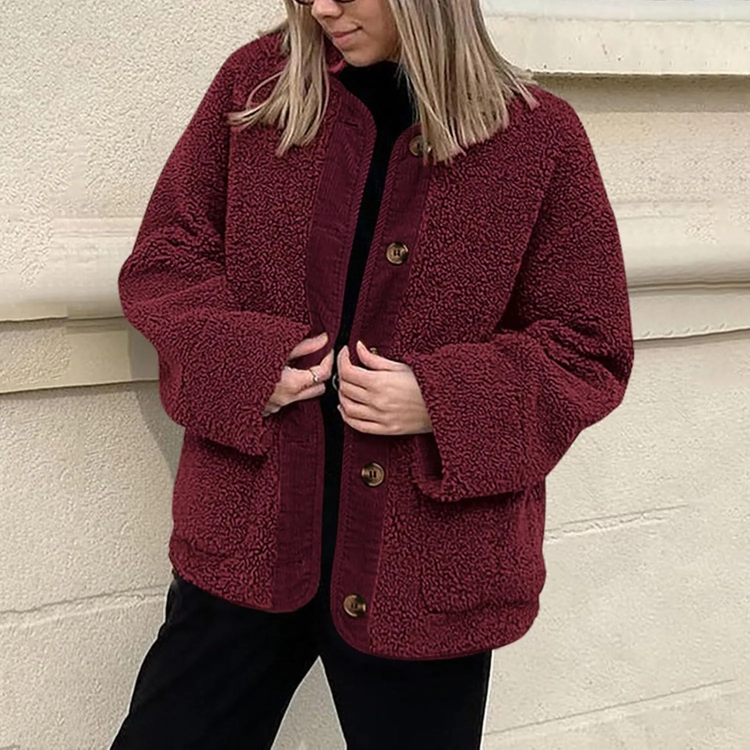 Sherpa Jacket Women Fuzzy Open Front Button Up Cardigans Oversized Fleece Jacket Warm Winter Coats with Pocket Outwear