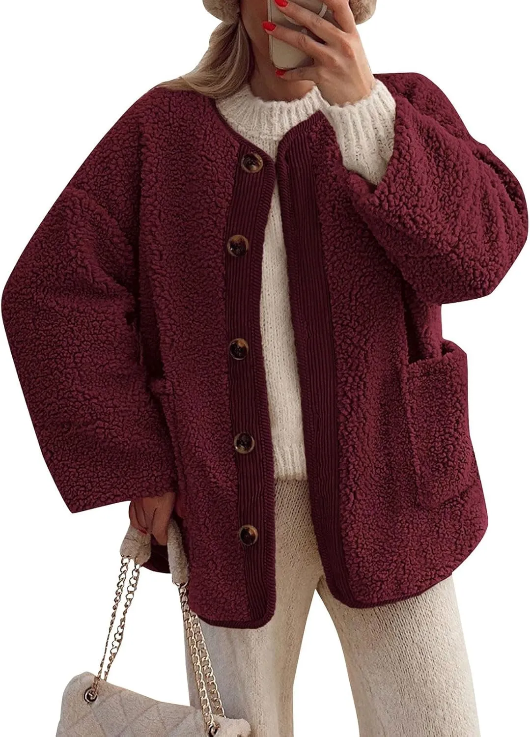 Sherpa Jacket Women Fuzzy Open Front Button Up Cardigans Oversized Fleece Jacket Warm Winter Coats with Pocket Outwear