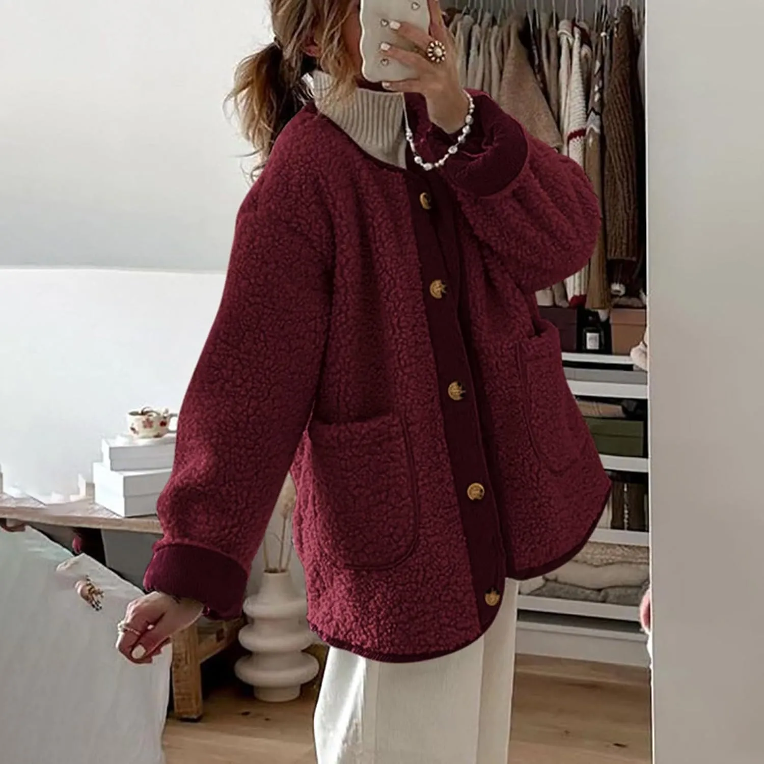 Sherpa Jacket Women Fuzzy Open Front Button Up Cardigans Oversized Fleece Jacket Warm Winter Coats with Pocket Outwear