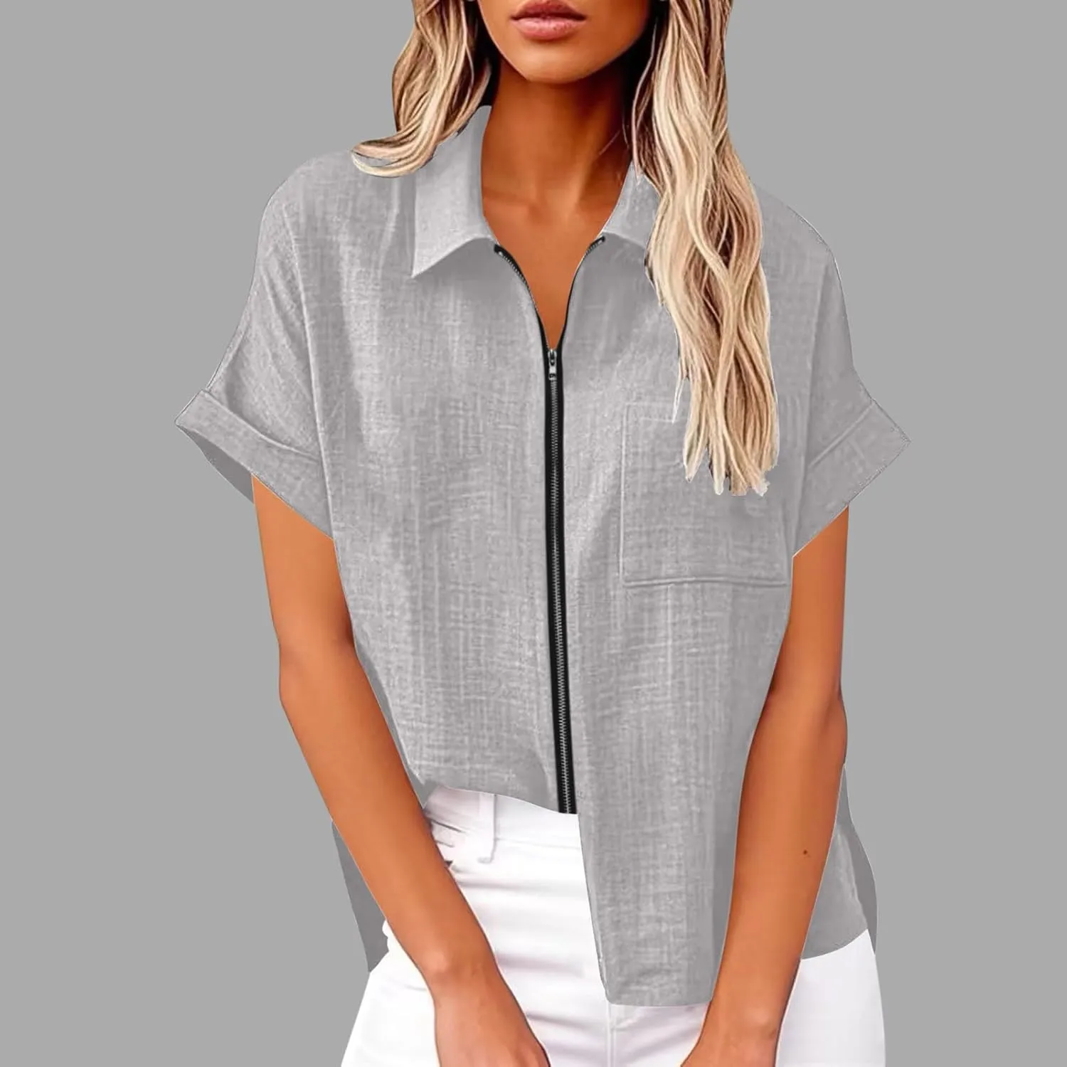 Short Sleeve Zip Open Front Shirts for Women Summer Cotton Linen Tops Lapel Collar Dressy Casual Work Blouse with Pocket