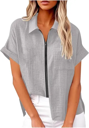 Short Sleeve Zip Open Front Shirts for Women Summer Cotton Linen Tops Lapel Collar Dressy Casual Work Blouse with Pocket