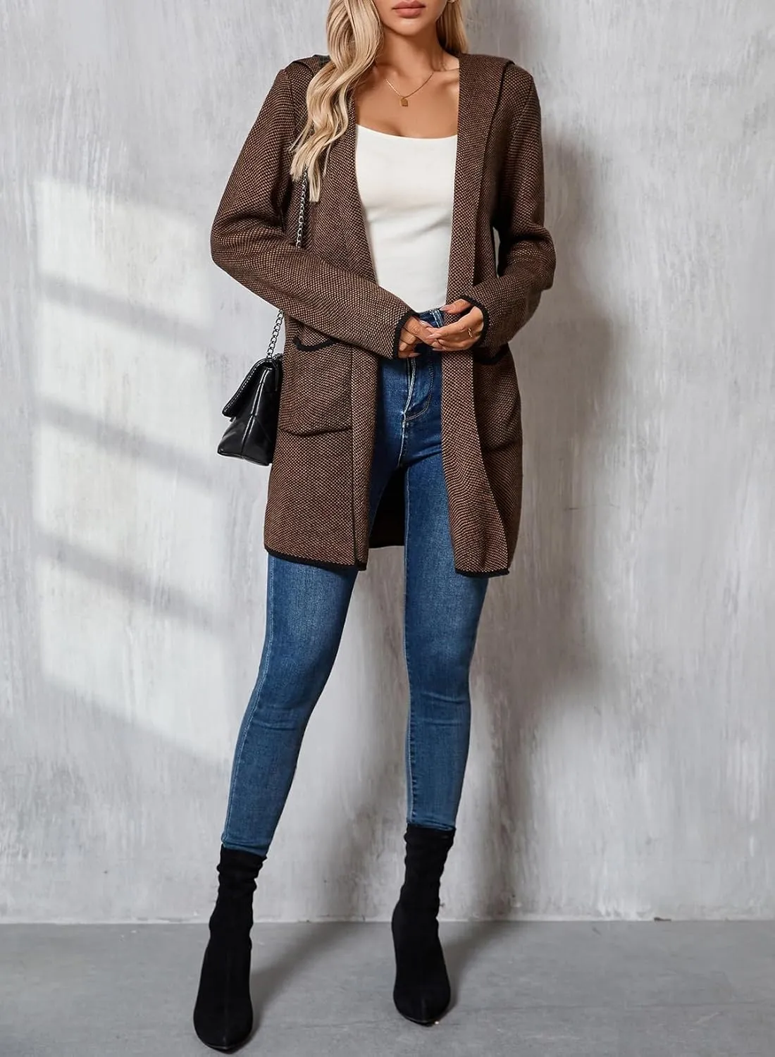 Sidefeel Women's 2025 Fall Long Sleeve Open Front Contrast Cardigan Sweaters Oversized Chunky Knit Hooded Sweaters Coat