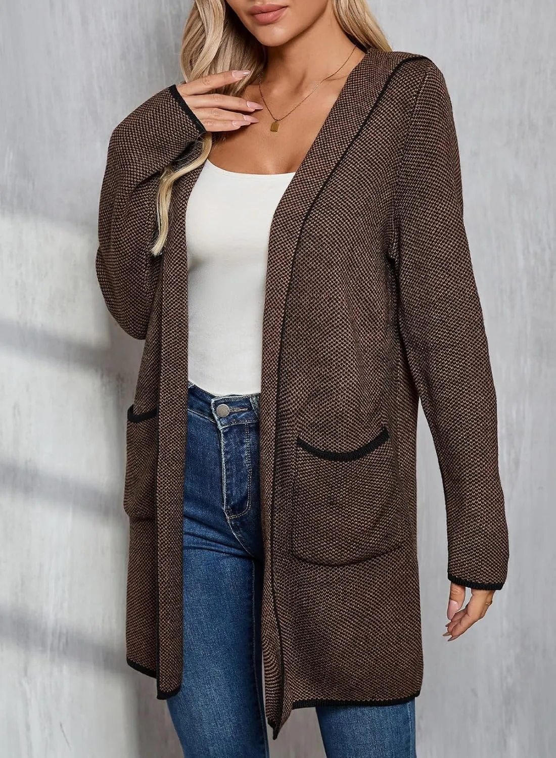 Sidefeel Women's 2025 Fall Long Sleeve Open Front Contrast Cardigan Sweaters Oversized Chunky Knit Hooded Sweaters Coat