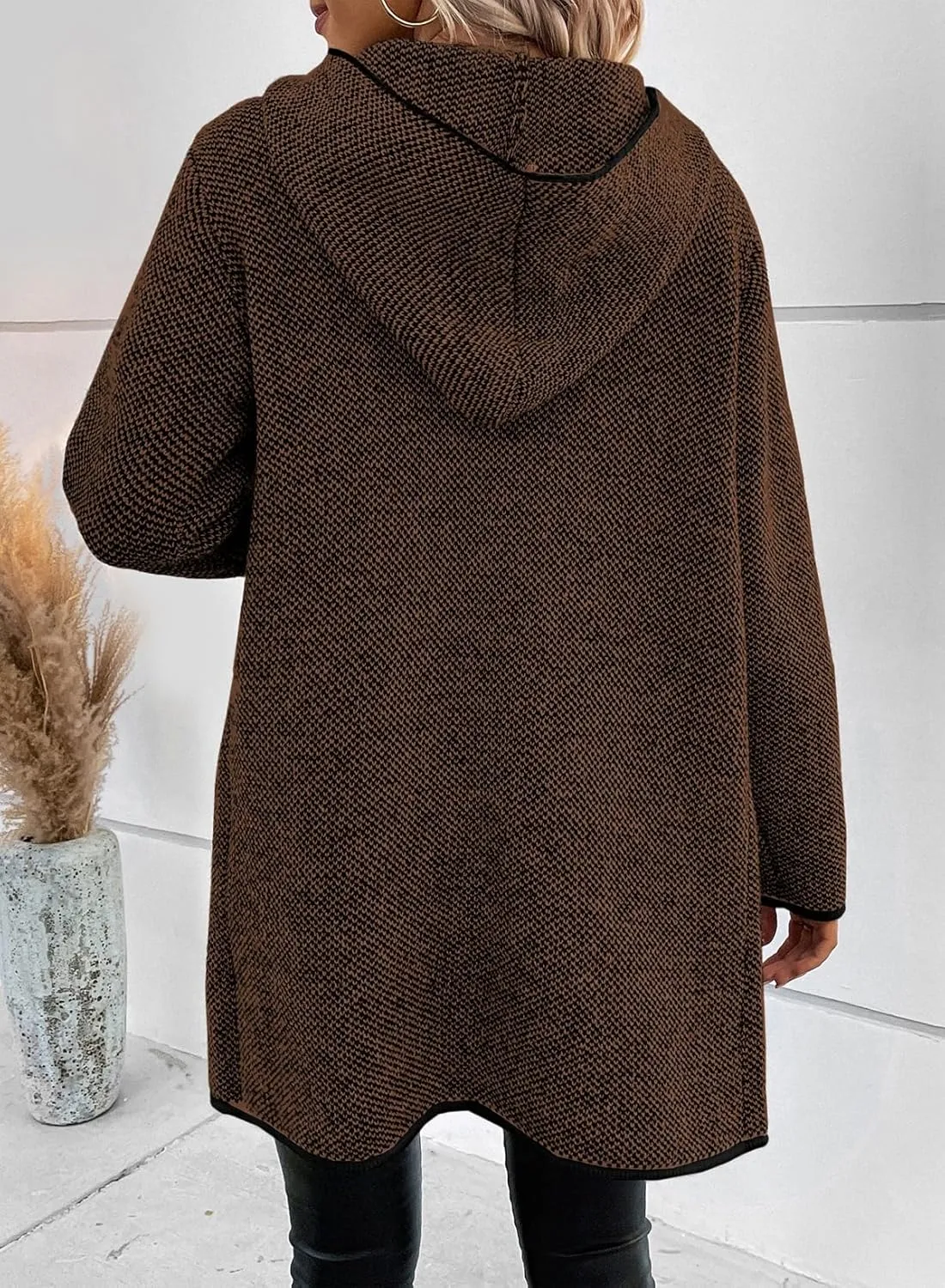 Sidefeel Women's 2025 Fall Long Sleeve Open Front Contrast Cardigan Sweaters Oversized Chunky Knit Hooded Sweaters Coat