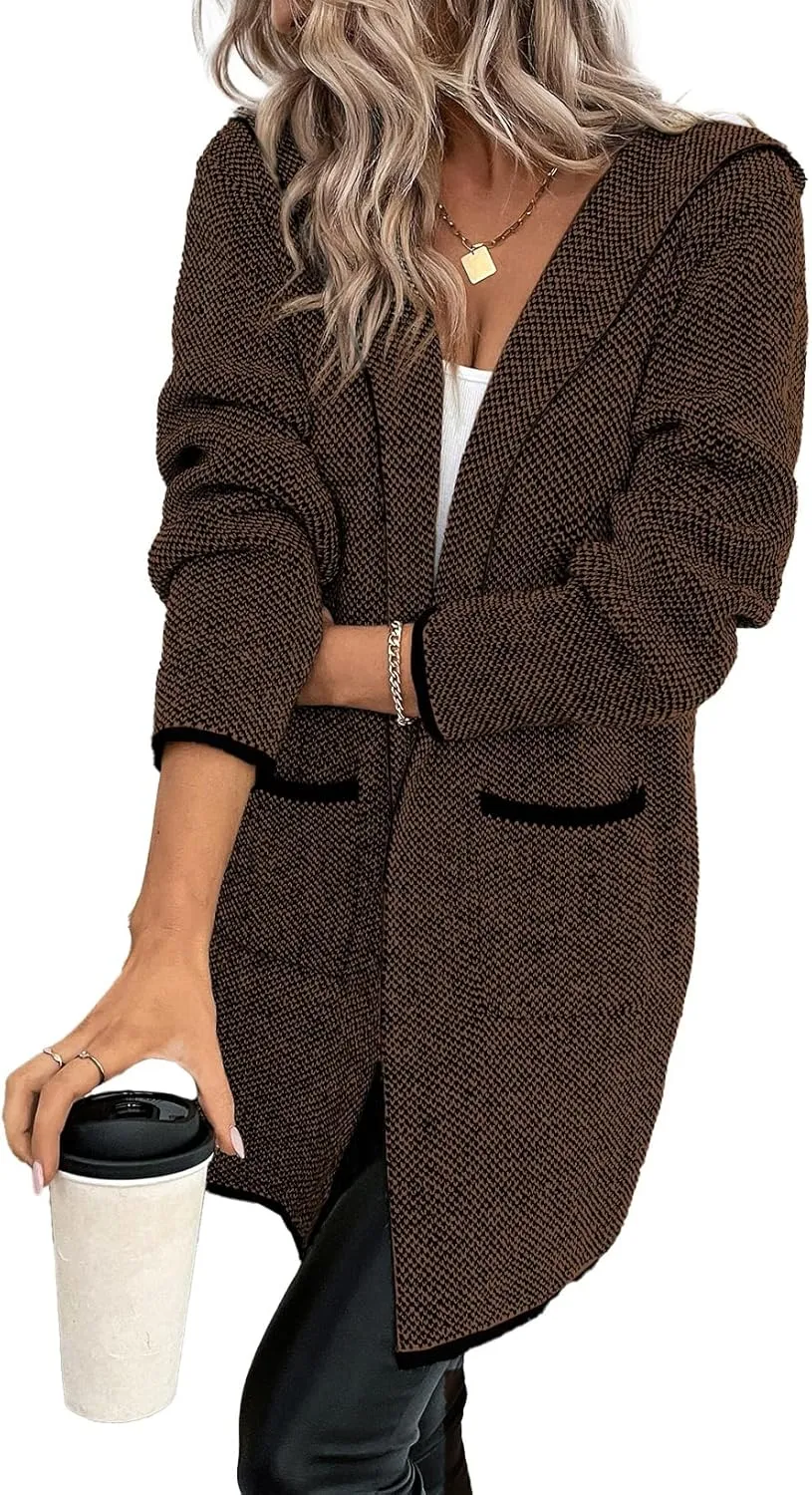 Sidefeel Women's 2025 Fall Long Sleeve Open Front Contrast Cardigan Sweaters Oversized Chunky Knit Hooded Sweaters Coat