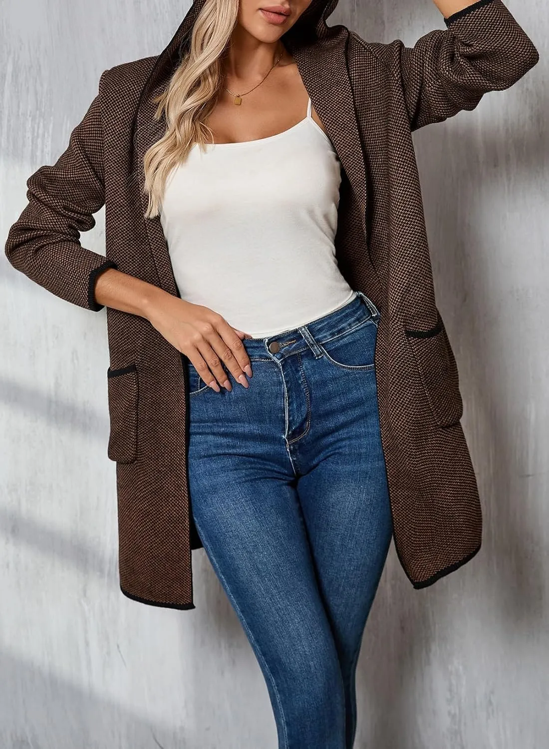 Sidefeel Women's 2025 Fall Long Sleeve Open Front Contrast Cardigan Sweaters Oversized Chunky Knit Hooded Sweaters Coat