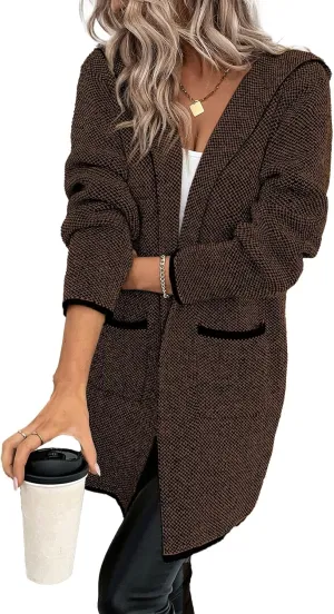 Sidefeel Women's 2025 Fall Long Sleeve Open Front Contrast Cardigan Sweaters Oversized Chunky Knit Hooded Sweaters Coat