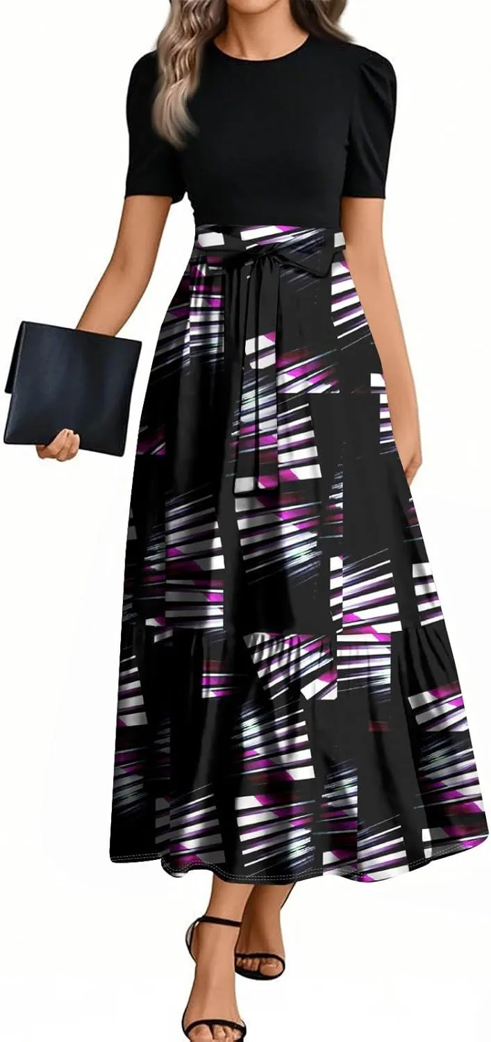 Summer Dresses for Women 2025 Floral Print Wrap Short Sleeve Maxi Dress Patchwork Ruffle Hem A Line Dress