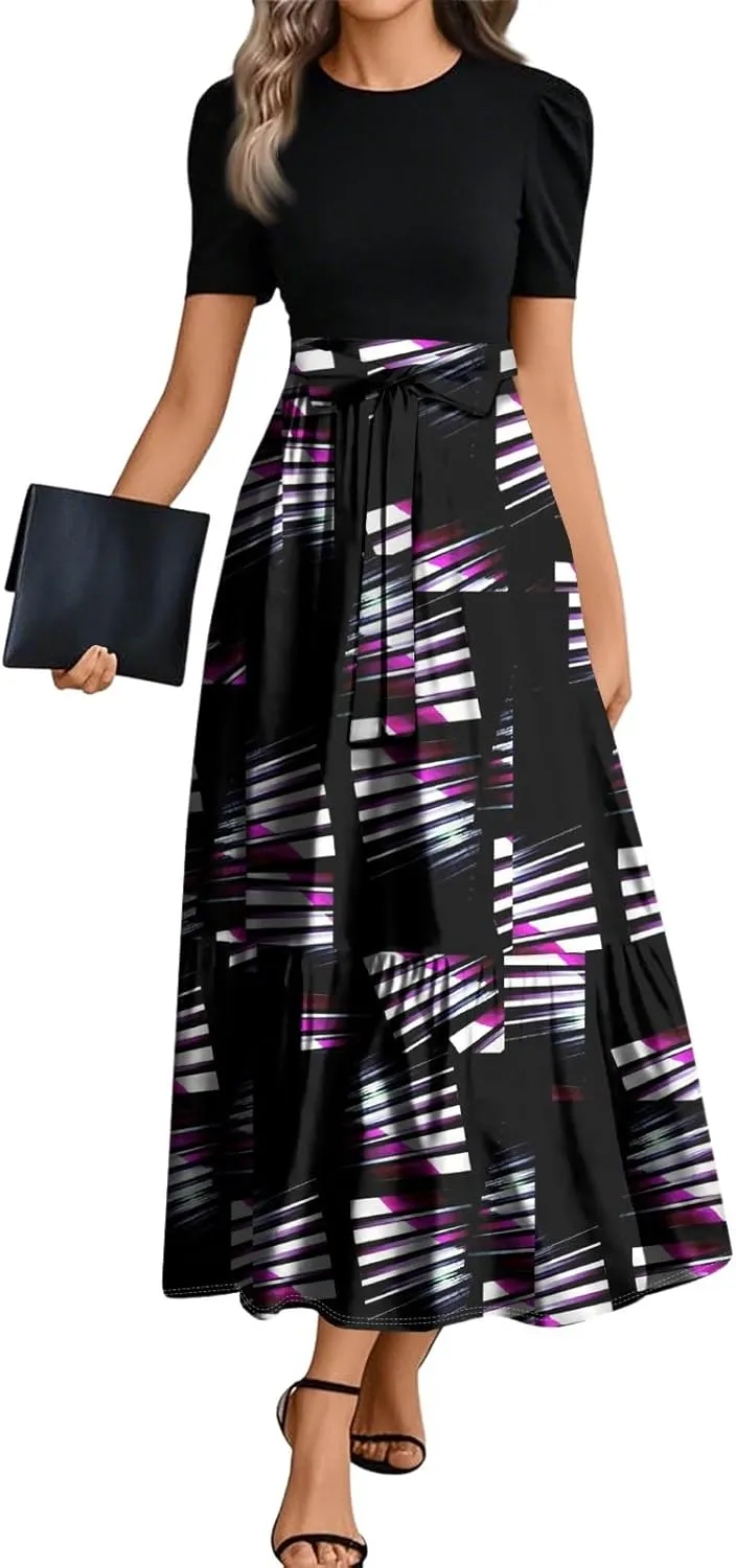 Summer Dresses for Women 2025 Floral Print Wrap Short Sleeve Maxi Dress Patchwork Ruffle Hem A Line Dress