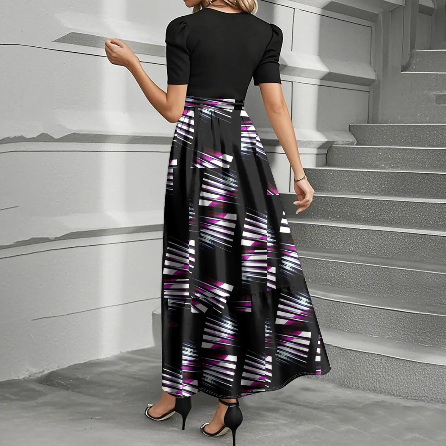 Summer Dresses for Women 2025 Floral Print Wrap Short Sleeve Maxi Dress Patchwork Ruffle Hem A Line Dress