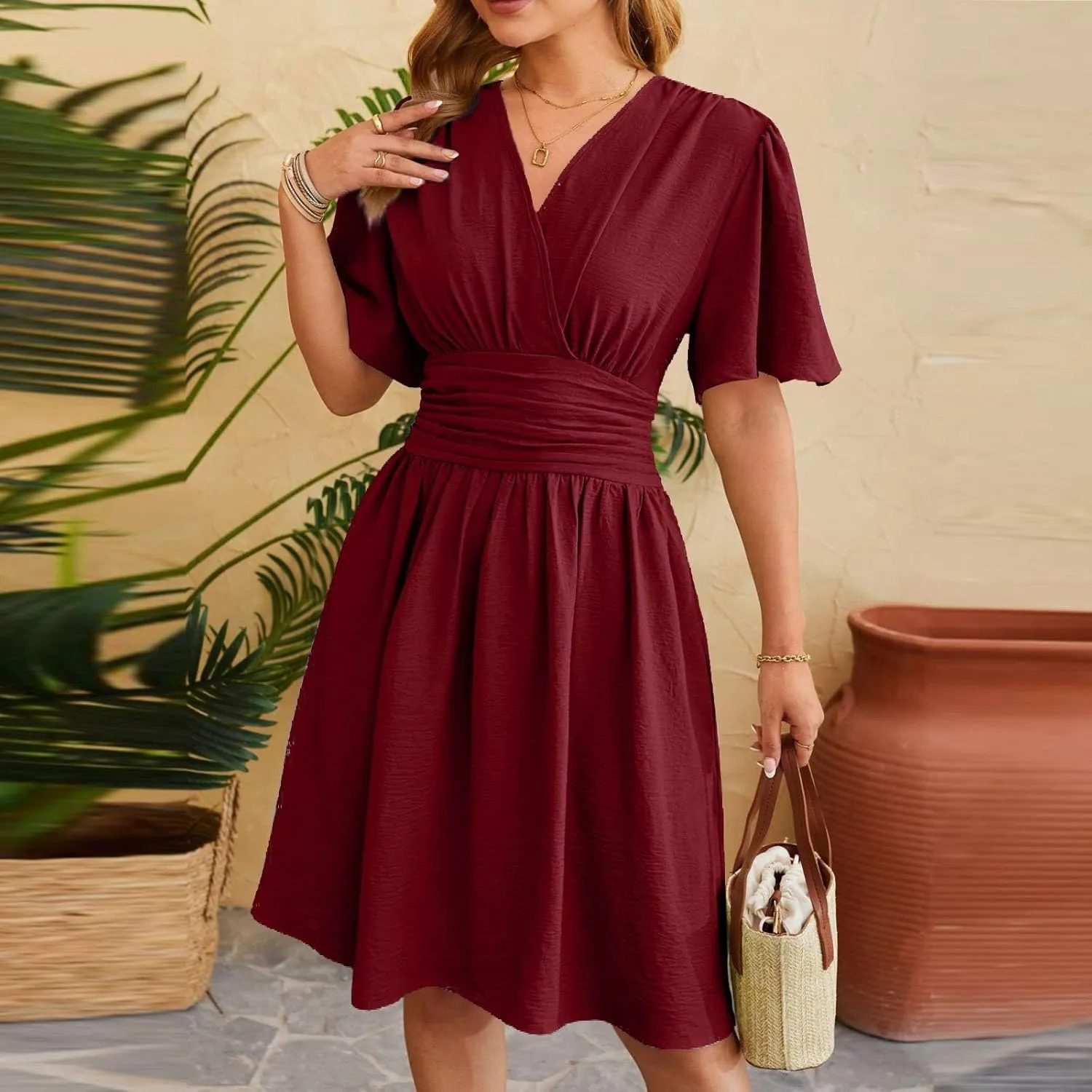Summer Dresses for Women 2025 Sexy Date Night Cinched Waist Garden Party Concert Mini Brunch Trendy Short Sleeve Dress