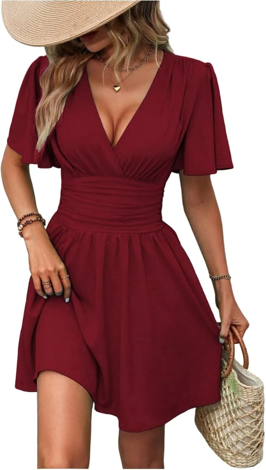 Summer Dresses for Women 2025 Sexy Date Night Cinched Waist Garden Party Concert Mini Brunch Trendy Short Sleeve Dress