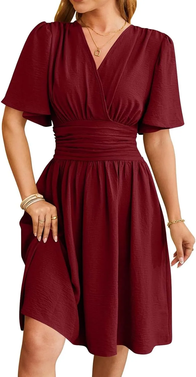 Summer Dresses for Women 2025 Sexy Date Night Cinched Waist Garden Party Concert Mini Brunch Trendy Short Sleeve Dress
