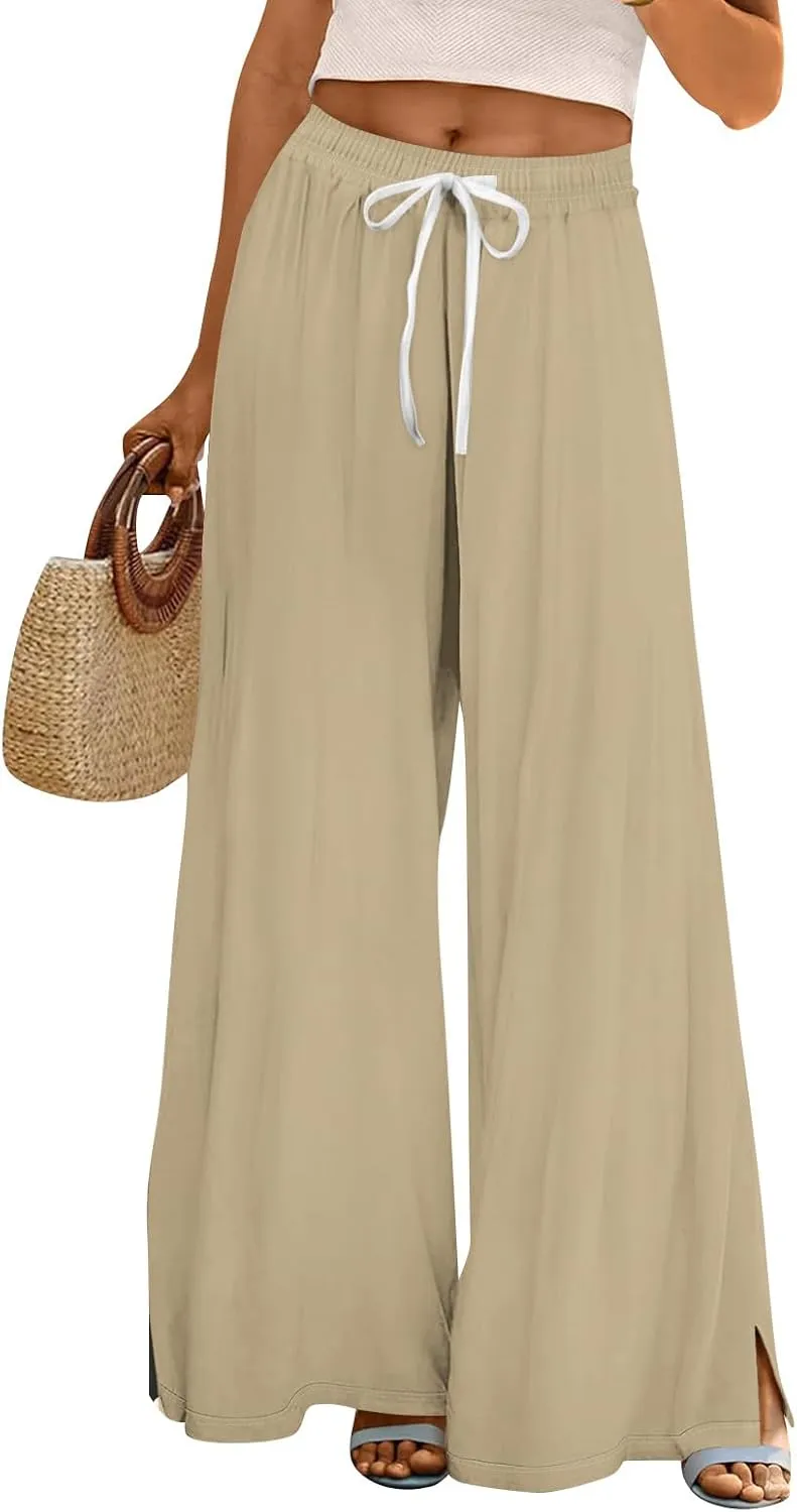 Summer Wide Leg Pants for Women Elastic Waist High Rise Floral Print Pants Beach Stretch Slit Loose Outfit Pocket 2025