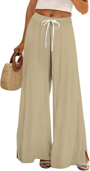 Summer Wide Leg Pants for Women Elastic Waist High Rise Floral Print Pants Beach Stretch Slit Loose Outfit Pocket 2025