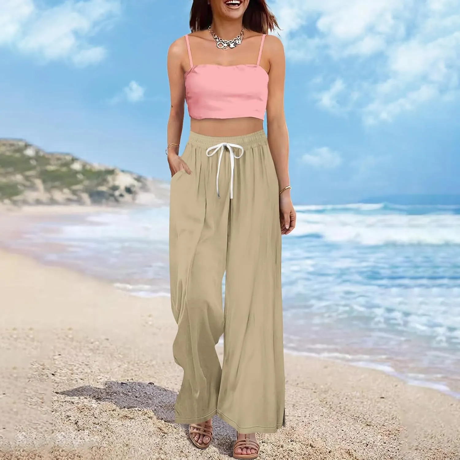 Summer Wide Leg Pants for Women Elastic Waist High Rise Floral Print Pants Beach Stretch Slit Loose Outfit Pocket 2025